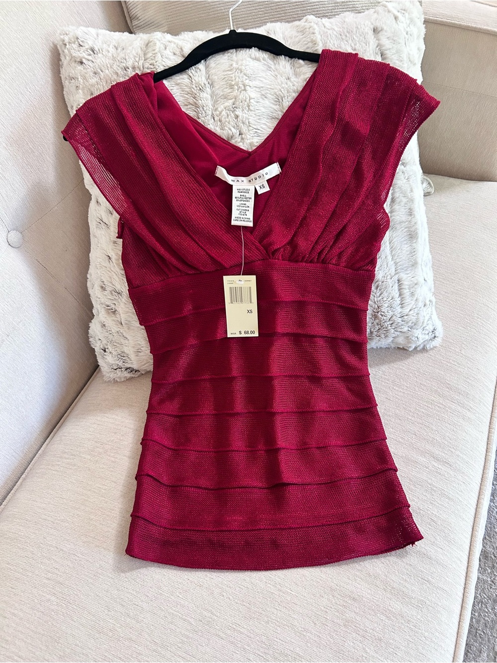 Max Studio Cranberry Red V-Neck Layered Knit Tunic